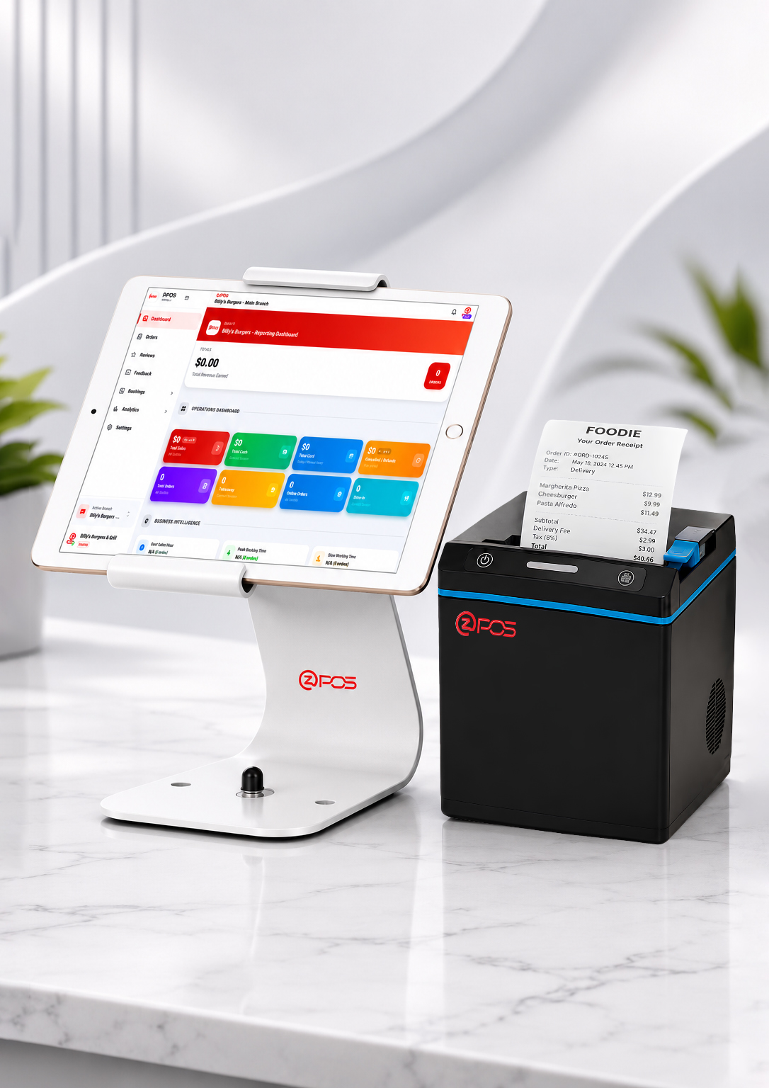 OzPOS hardware bundle — tablet stand and receipt printer